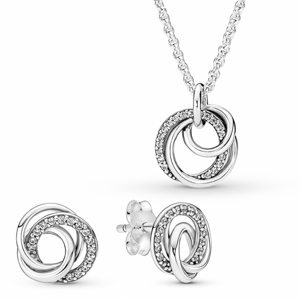 PANDORA zvýhodnený set náhrdelník a náušnice Rodina navždy 291076C01+391455C01-60